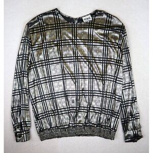 ORARE - VINTAGE 80s WOMEN'S SILVER BLACK PLAID LONG SLEEVE BLOUSE - SIZE 22W